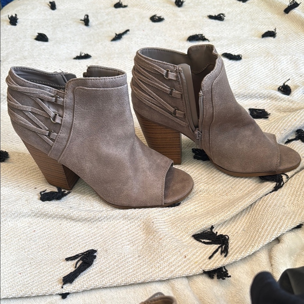 Tan Suede Ankle Booties with Stacked Heel